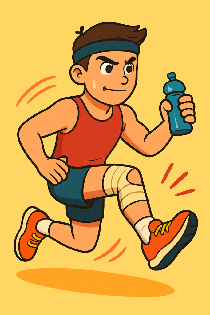 Cartoon male runner in red tank top and blue shorts with a knee bandage running while holding a blue water bottle, highlighting recovery from runner’s knee.