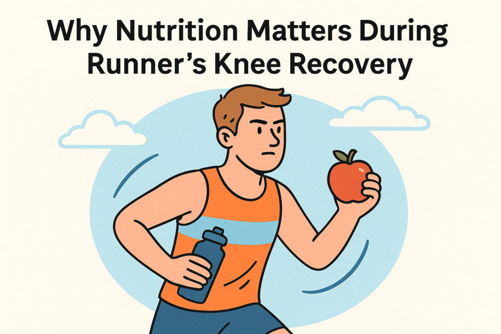 Cartoon runner holding apple and water bottle representing nutrition during runner’s knee recovery