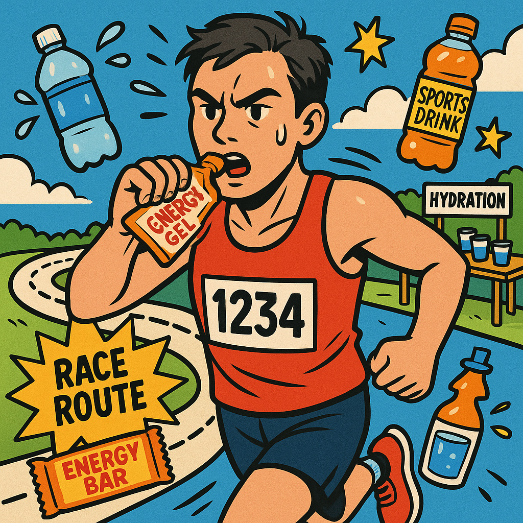 Comic-style illustration of a marathon runner mid-race holding an energy gel, with comic bubbles showing fuel choices like sports drinks and bananas.