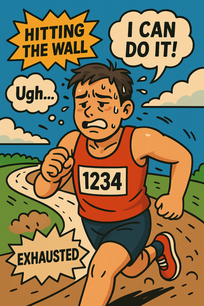 Comic-style illustration of a marathon runner hitting the wall during a race, showing the runner exhausted and battling a literal brick wall with comic bubbles depicting fatigue and determination.