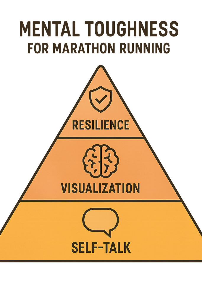 An illustrated pyramid labeled βMental Toughness for Marathon Running,β with three layers: Self-Talk at the base, Visualization in the middle, and Resilience at the top.