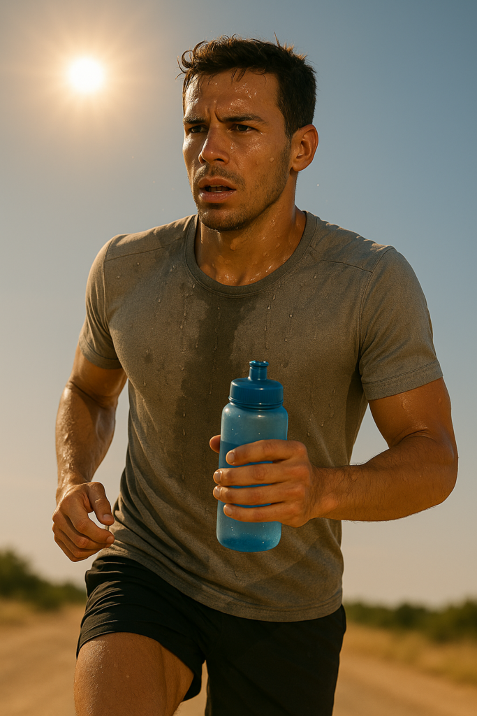 Runner pushing through a hot summer run under the bright sun, sweat visible and determination on their face