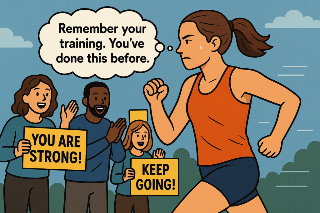 A determined female runner focuses on her race while spectators cheer with signs reading βYou are strong!β and βKeep going!β, emphasizing the power of self-talk and external motivation during a marathon.