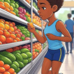 A motivational cartoon image of a runner in a blue athletic outfit enthusiastically picking healthy foods from a grocery store aisle filled with vibrant fruits and vegetables.