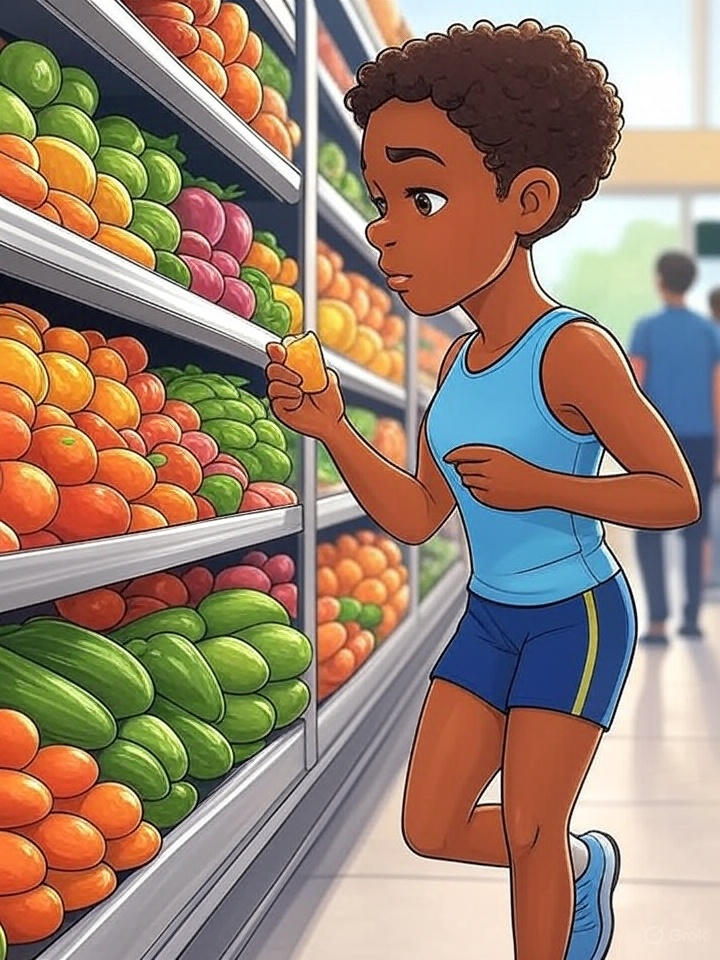 A motivational cartoon image of a runner in a blue athletic outfit enthusiastically picking healthy foods from a grocery store aisle filled with vibrant fruits and vegetables.