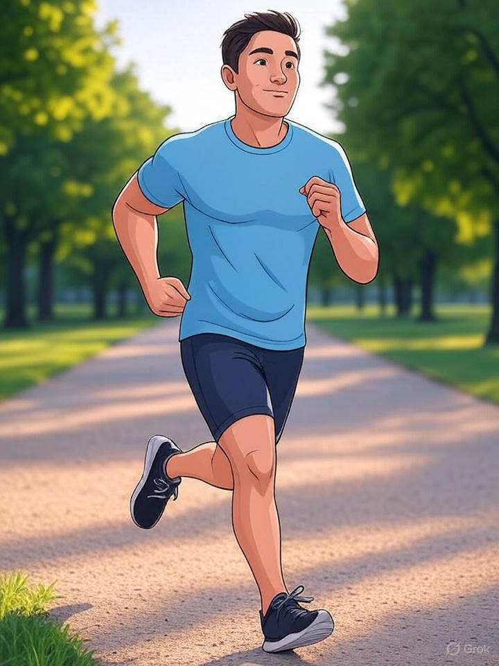 Runner jogs on a track wearing an ankle support, smiling during return-to-running rehab session