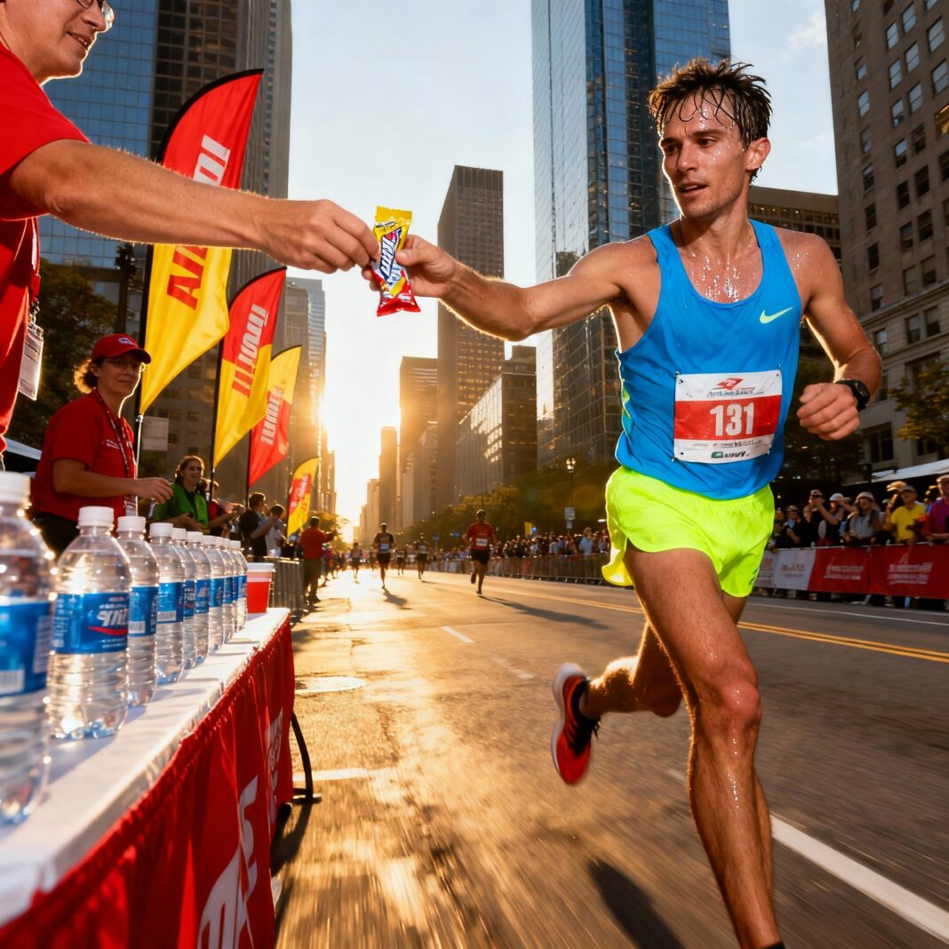 marathon-fueling-cover-landscape Marathon runner grabs an energy gel at a city race aid station, hydration tables and crowd in background