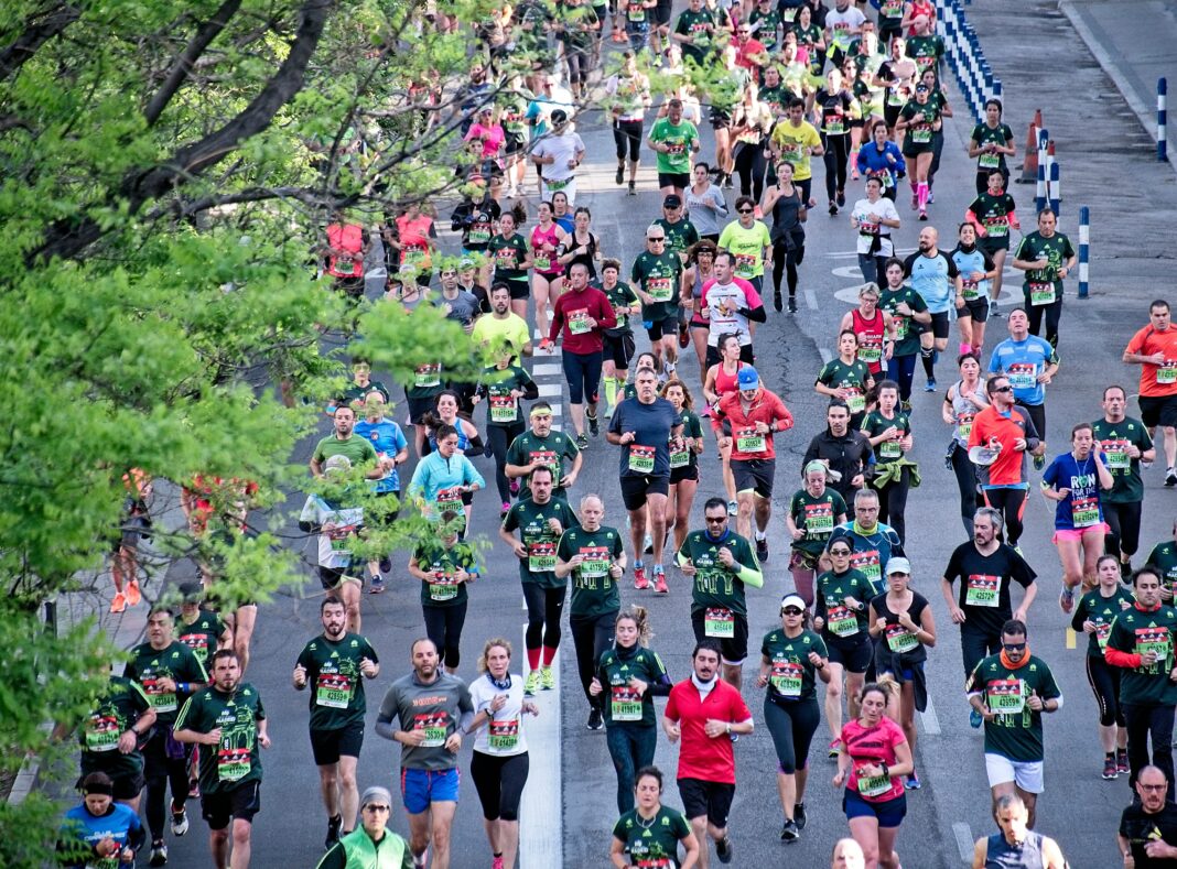 Marathon runners during a city race focusing on specific marathon training and pacing strategies.