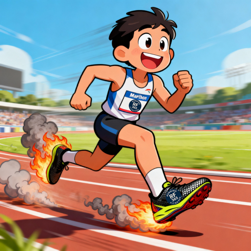 Cartoon runner with carbon-plated shoes fuming like they’re on fire on a track, smiling mid-stride.