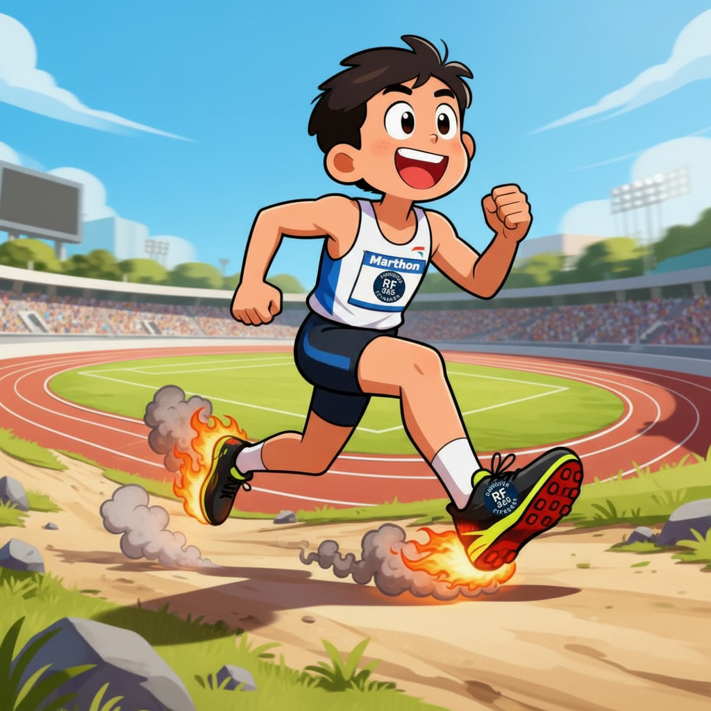 Cartoon runner with flaming shoes sprinting up a steep hill in a stadium