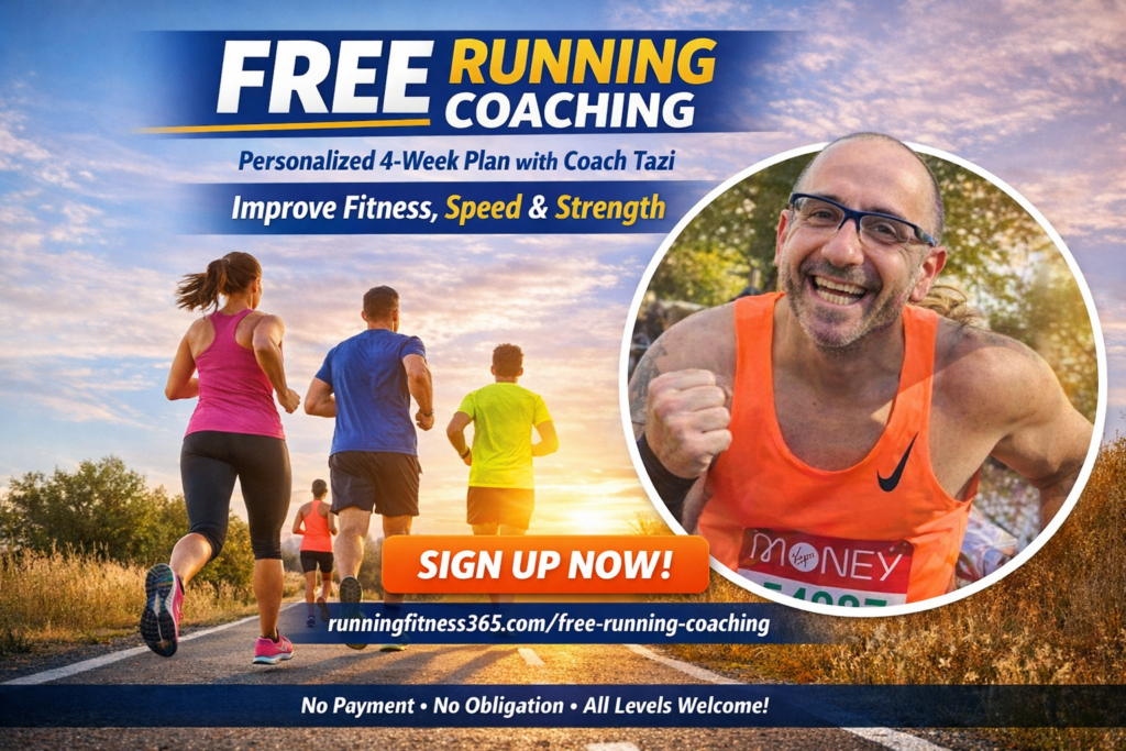 Promotional banner for Free Running Coaching offering a personalized 4-week plan with Coach Tazi to improve fitness, speed, and strength.