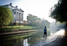 Beginner Runner to Marathoner: Injury-Free Progress Plan A multi-stage cartoon showing a runner's progression from a confused beginner to a strong, muscular marathon finisher crossing a finish line.