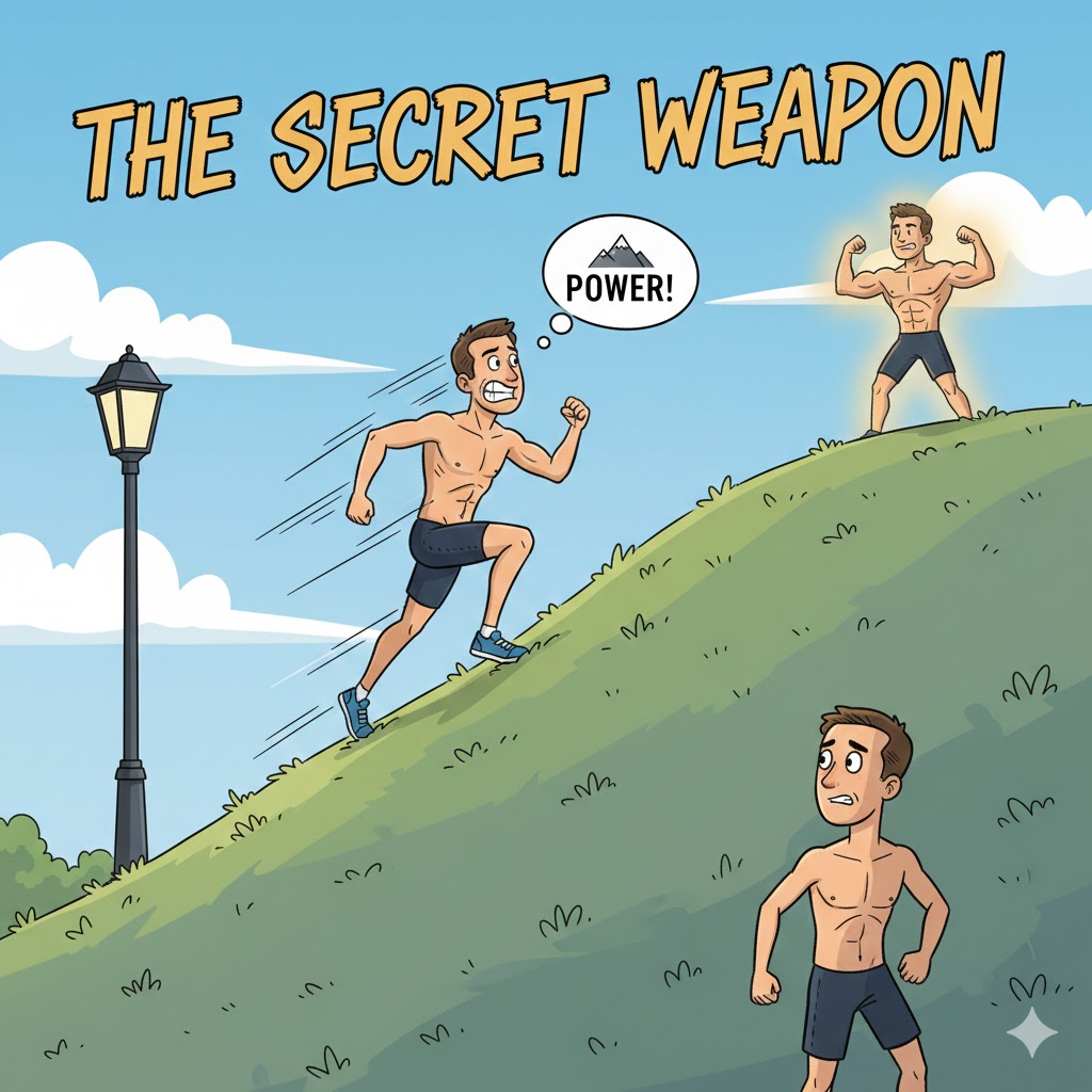 a runner sprinting up a steep green hill with a "Power!" thought bubble, transforming into a stronger version of himself at the top.
