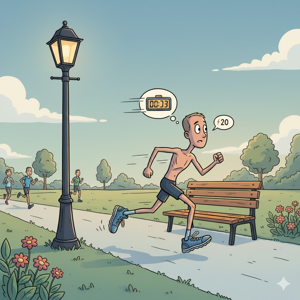 performing 20-second speed strides between a park lamppost and a wooden bench.